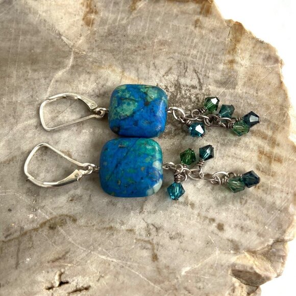 Sterling Silver 925 Square Azurite Bi-Cone Beaded Leverback Dangle Earrings - Picture 5 of 12